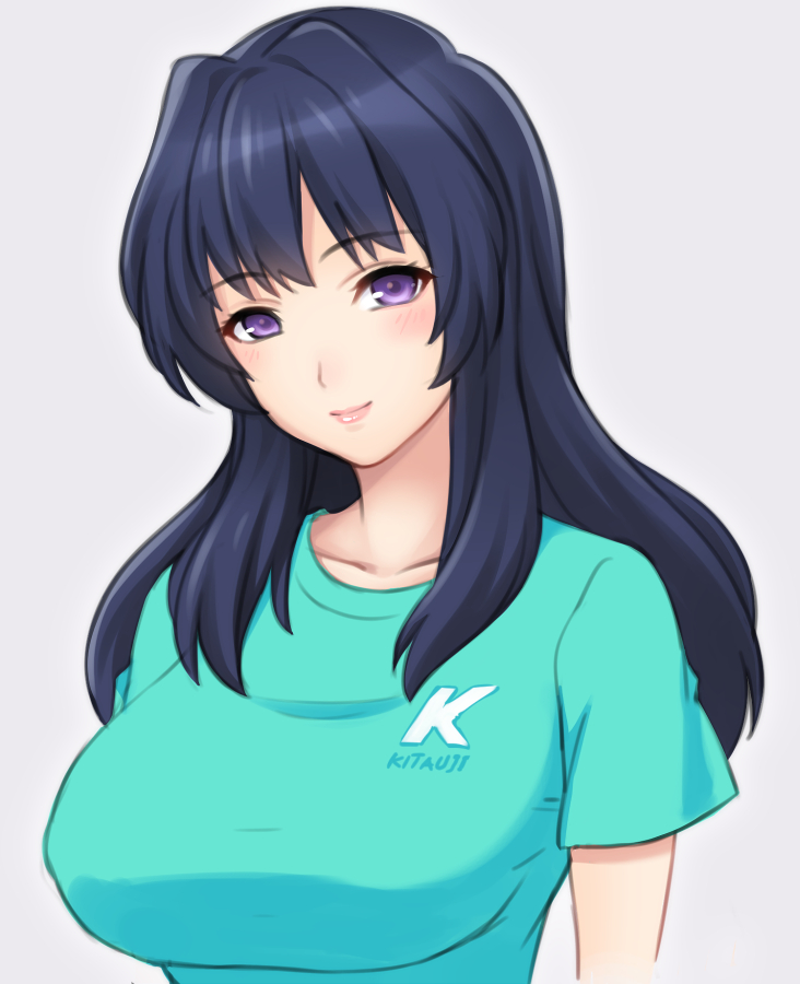 10s, 1girl, aqua_shirt, black_hair, blouse, blue_shirt, breasts, extra, eyebrows, female_focus, grey_background, hibike!_euphonium, lintanghaseo, lips, long_hair, looking_at_viewer, okamoto_raimu, purple_eyes, shirt, simple_background, solo, t-shirt