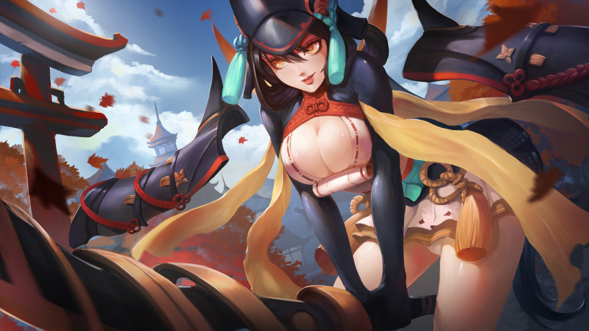 1girl, armor, bent_over, between_legs, black_gloves, black_hair, blue_skirt, breasts, building, cleavage, cleavage_cutout, clothing_cutout, cloud, cowboy_shot, day, falling_leaves, female_focus, floating, floating_object, gloves, hair_between_eyes, helmet, highres, holding, holding_sword, holding_weapon, huge_breasts, japanese_armor, japanese_clothes, kimono, leaf, legs_apart, lips, long_sleeves, looking_away, maple_leaf, motion_blur, mountain, obi, onmyoji, outdoors, pagoda, panties, pantyshot, pleated_skirt, rope, sash, shiny_skin, short_kimono, shoulder_armor, skirt, sky, smile, smirk, sode, solo, spikes, standing, sword, tail, tassel, torii, turewindwalker, underwear, v_arms, weapon, white_panties, yaodao_ji, yellow_eyes