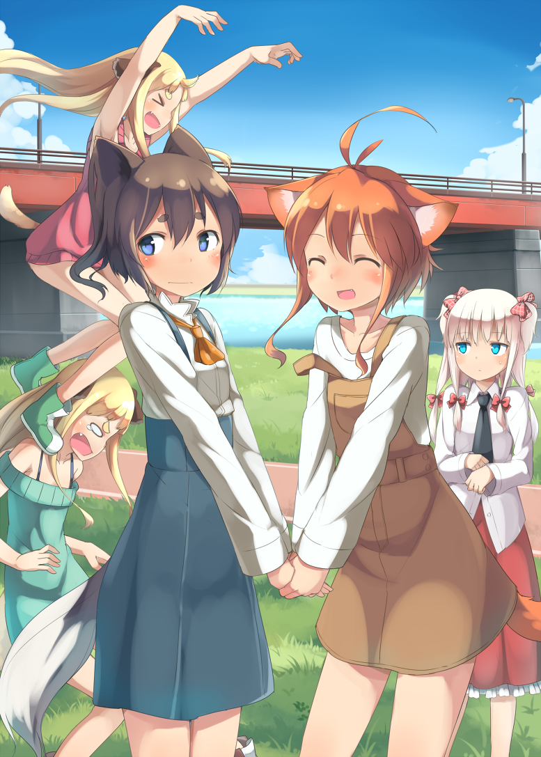 >_<, 5girls, :d, :i, ^_^, ahoge, animal_ears, antenna_hair