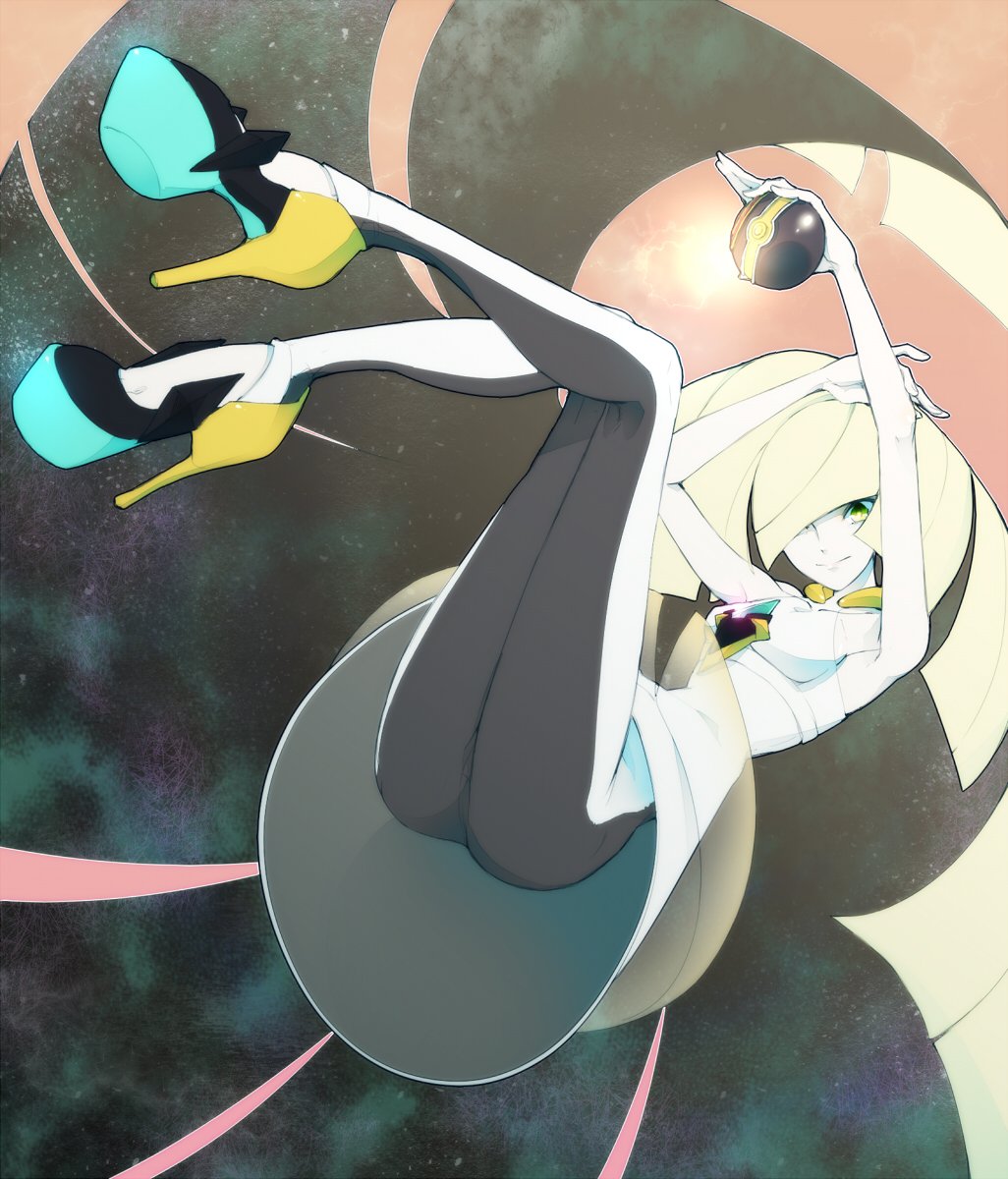 1girl, ass, bare_arms, blonde_hair, breasts, closed_mouth, columns_ke, dress, empty_eyes, female_focus, gem, green_eyes, hair_over_one_eye, high_heels, highres, holding, holding_poke_ball, kneepits, leggings, long_hair, lusamine_(pokemon), luxury_ball, mature_female, nintendo, open-toe_shoes, platform_footwear, platform_heels, platform_shoes, poke_ball, pokemon, pokemon_sun_and_moon, shoes, short_dress, sideboob, sleeveless, sleeveless_dress, smile, solo, space, star_(sky), very_long_hair, white_dress
