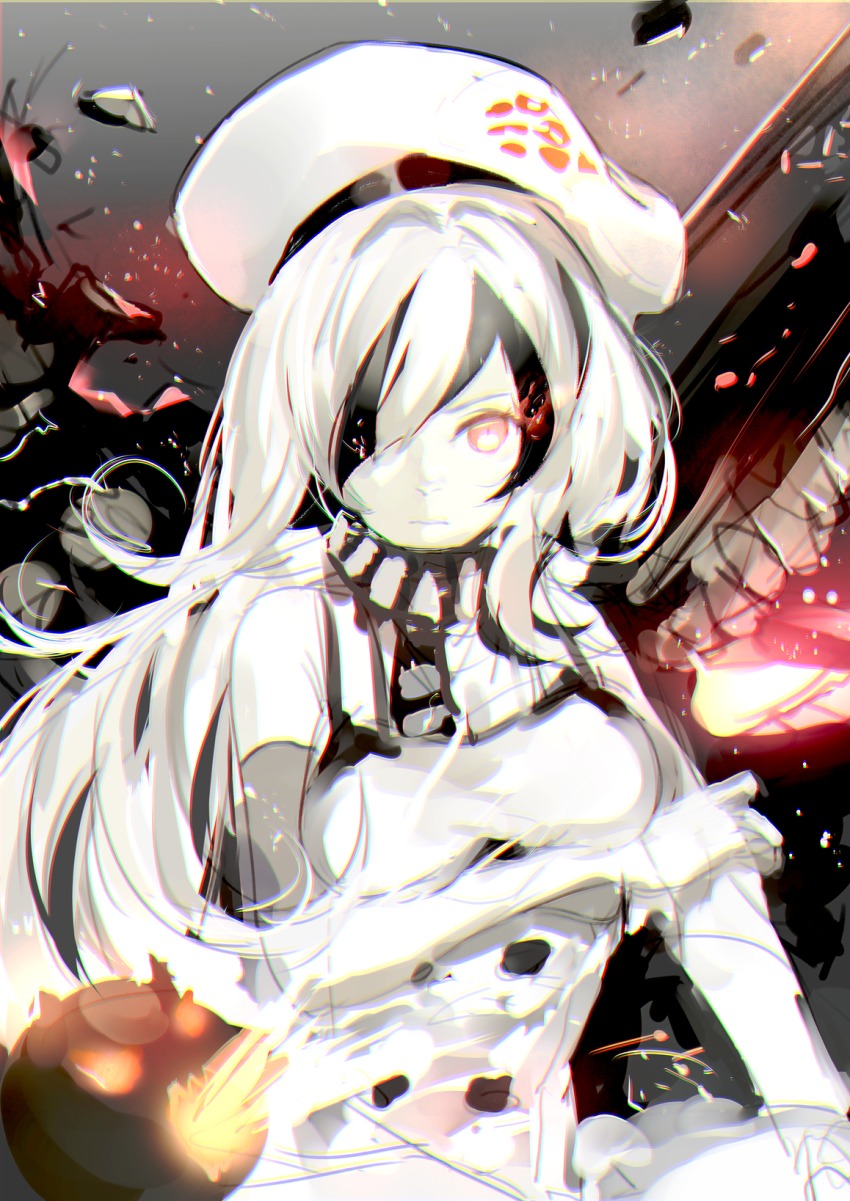 10s, 1girl, abyssal_ship, beret, black_hair, chromatic_aberration, female_focus, hat