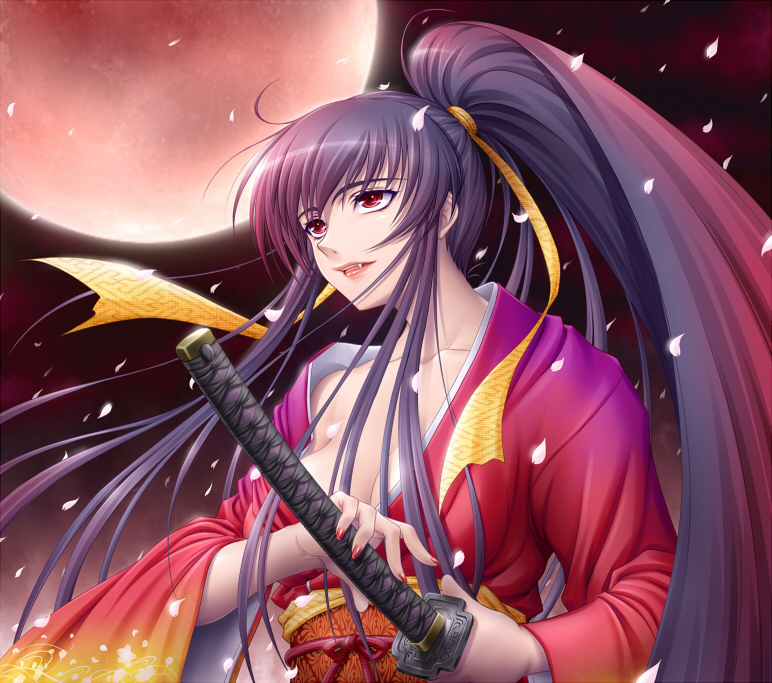 1girl, amane_(funfun), breasts, cleavage, collarbone, fang, female_focus, fighting_stance, full_moon, funfun, hair_ribbon, japanese_clothes, katana, kimono, lipstick, long_hair, makeup, moon, nail_polish, open_mouth, original, petals, ponytail, purple_hair, ready_to_draw, red_eyes, red_moon, red_nails, ribbon, sayagata, solo, sword, tachi_(weapon), vampire, very_long_hair, weapon, wind