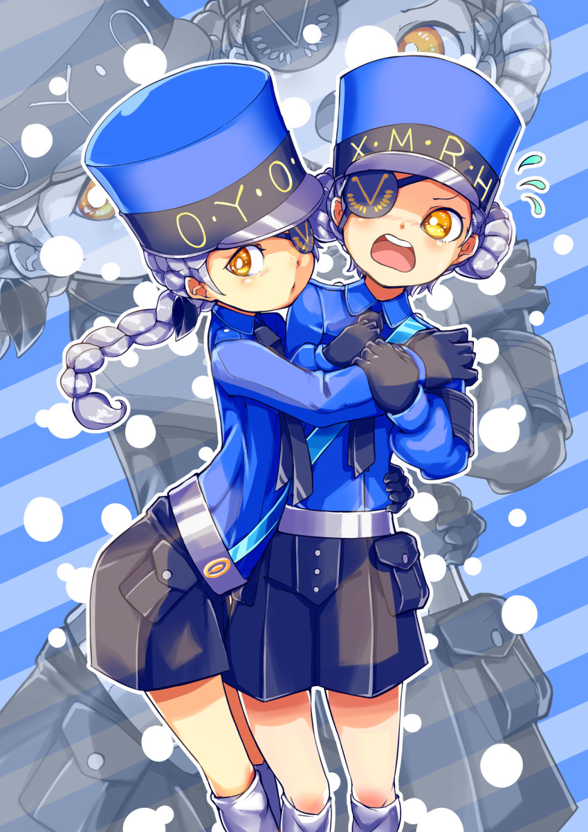 10s, 2girls, black_gloves, blonde_hair, braid, caroline_(persona_5), eyepatch, gloves, hair_bun, hat, highres, hug, justine_(persona_5), long_hair, multiple_girls, necktie, persona, persona_5, short_hair, siblings, single_hair_bun, sisters, takoyakiking7, twins, yellow_eyes