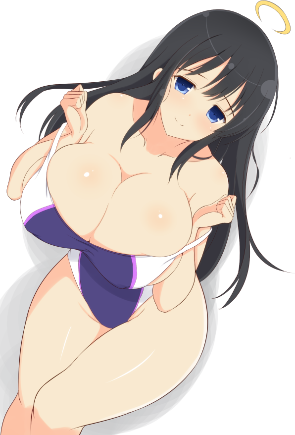 10s, 1girl, bare_shoulders, black_hair, blue_eyes, blush, breasts, cleavage