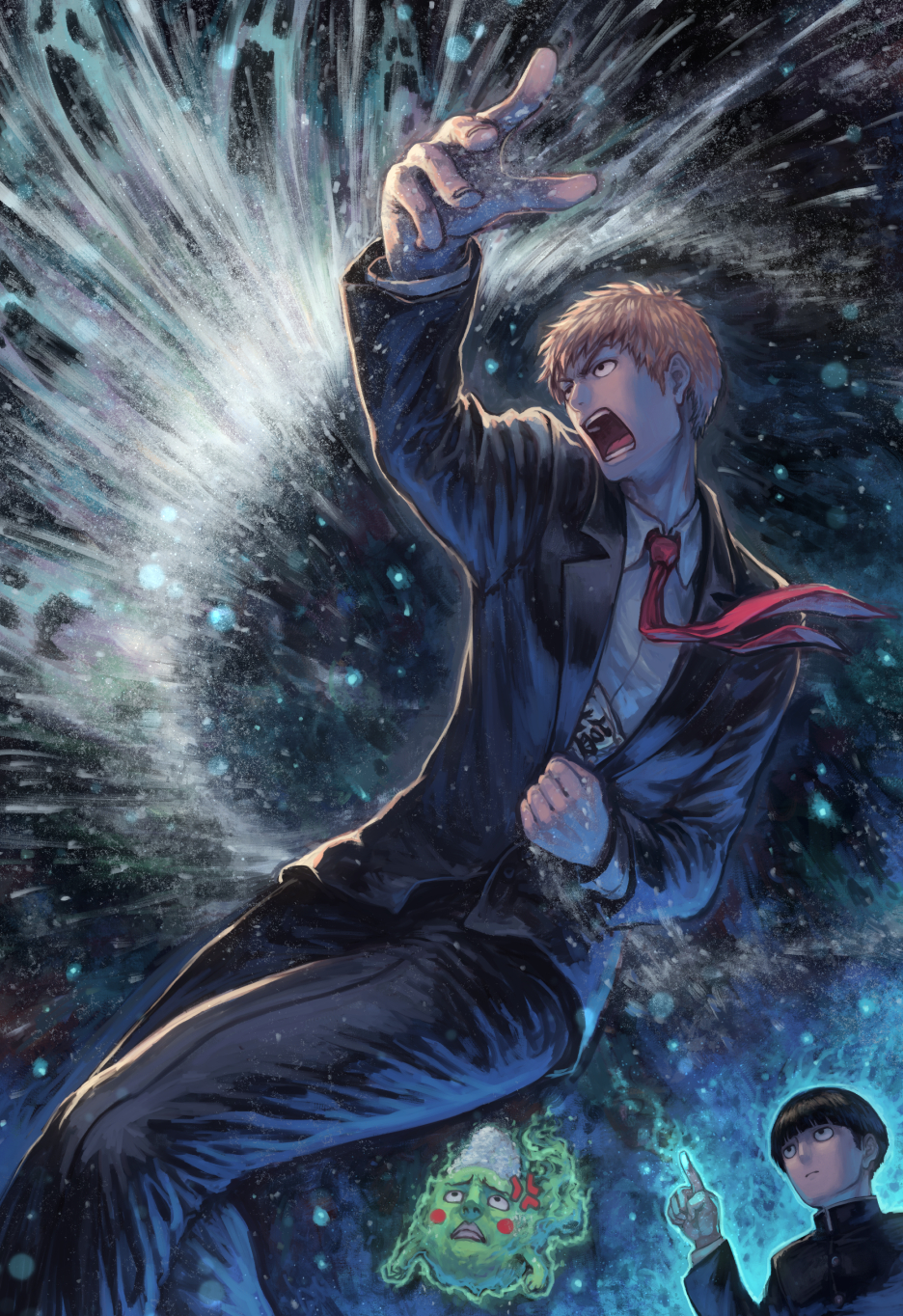 10s, 2boys, anger_vein, black_eyes, black_hair, black_jacket, black_pants, blunt_bangs, bowl_cut, brown_hair, clenched_hand, closed_mouth, dress_shirt, ekubo_(mob_psycho_100), formal_clothes, frown, gakuran, ghost, highres, index_finger_raised, jacket, kageyama_shigeo, light_particles, long_sleeves, male_focus, mob_psycho_100, motion_blur, multiple_boys, necktie, object_on_head, open_mouth, outstretched_arm, pants, psychic, red_necktie, reigen_arataka, salt, school_uniform, shirt, suit, tatsuya_(atelier_road), throwing, throwing_salt, white_shirt