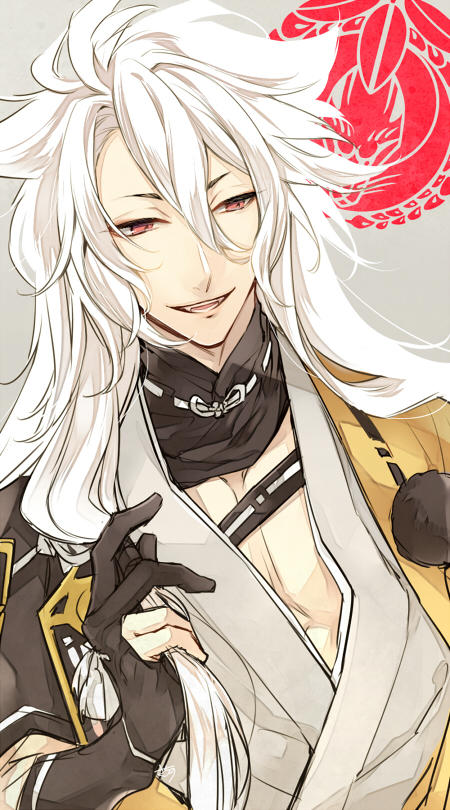 10s, 1boy, black_gloves, fangs, gloves, icylove, japanese_clothes, kogitsunemaru