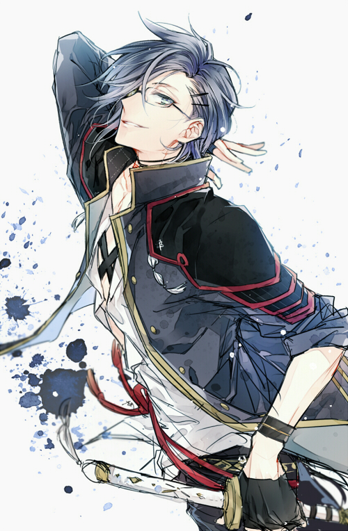 10s, 1boy, akashi_kuniyuki, black_gloves, black_hair, fingerless_gloves, glasses, gloves