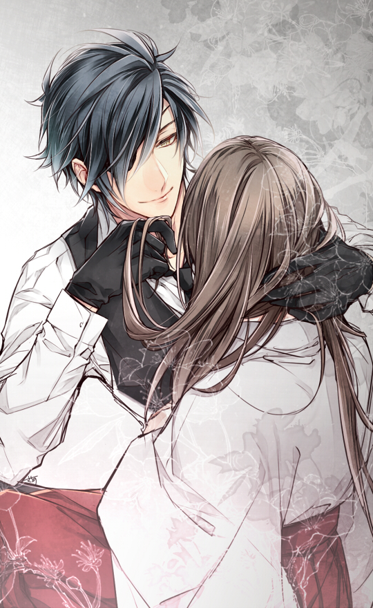 10s, 1boy, 1girl, black_gloves, black_hair, brown_hair, eyepatch, female_saniwa_(touken_ranbu)