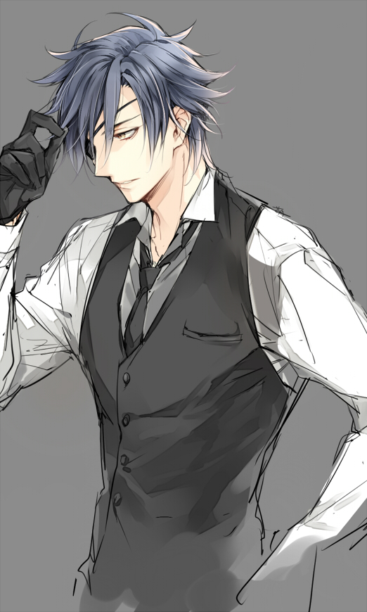 10s, 1boy, black_gloves, black_hair, eyepatch, gloves, icylove, male_focus, necktie, shokudaikiri_mitsutada, solo, touken_ranbu, vest, waistcoat, yellow_eyes