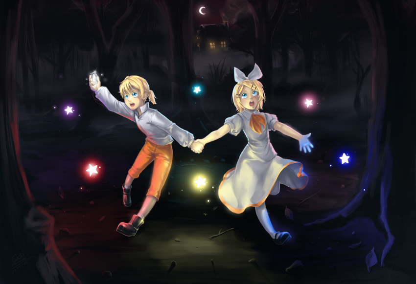 1boy, 1girl, arm_up, begging, black_footwear, blonde_hair, blue_eyes, boots, bottle, bow, brother_and_sister, brown_legwear, cabin, chrono_story_(vocaloid), crescent_moon, dated, doblemjwn, dress, evillious_nendaiki, fog, forest, glowing, gretel_(evillious_nendaiki), hair_bow, hair_ornament, hairclip, hansel_(evillious_nendaiki), highres, holding_hands, hut, kagamine_len, kagamine_rin, leaf, looking_up, moon, nature, night, open_mouth, orange_pants, outstretched_arms, pants, pigeon-toed, seven_deadly_sins, shirt, shoes, short_hair, siblings, signature, sky, sparkle, standing, standing_on_one_leg, star_(symbol), twins, vocaloid, white_dress, white_legwear, white_shirt