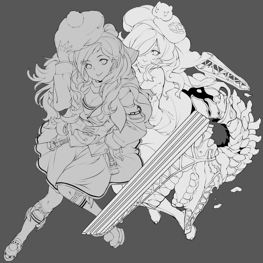 10s, 2girls, abyssal_ship, anchor_hair_ornament, beret, breasts, buttons, cleavage