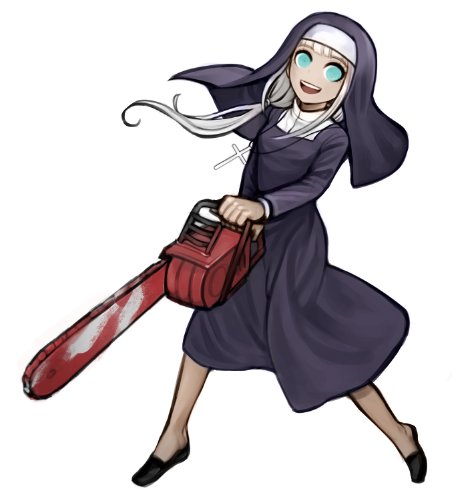 10s, 1girl, aqua_eyes, bad_id, bad_twitter_id, blood, bloody_weapon, blunt_bangs, chainsaw, cross, cross_necklace, danganronpa_(series), danganronpa_v3:_killing_harmony, dark-skinned_female, dark_skin, female_focus, ganguro, gyaru, habit, jewelry, low_twintails, necklace, nun, nun_headdress, rokuichi_(bluelamp61), silver_hair, simple_background, smile, solo, twintails, weapon, white_background, yonaga_angie