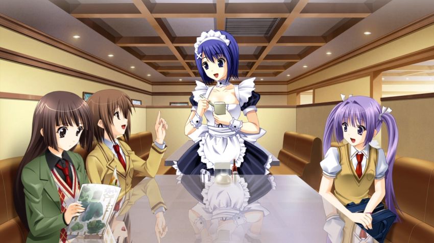 4girls, apron, bag, blue_eyes, blue_hair, bob_cut, bow, brown_eyes