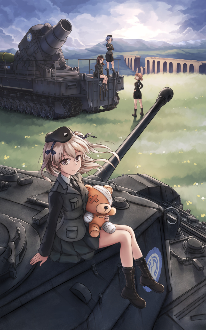 10s, 4girls, absurdres, artillery, azumi_(girls_und_panzer), bandages, beret, black_eyes