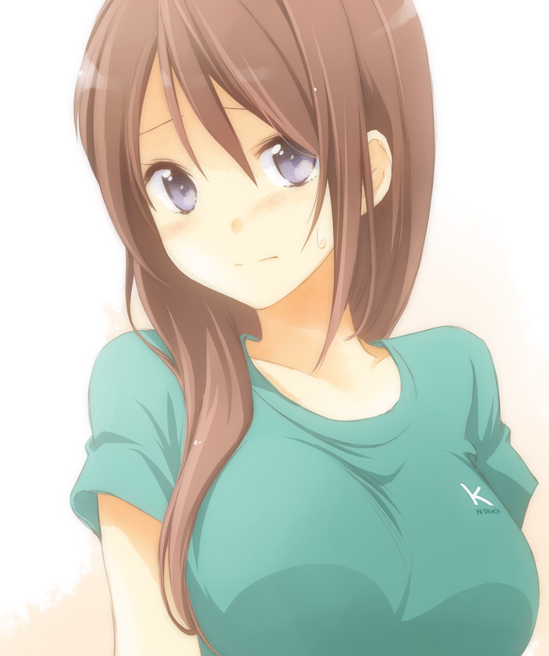 10s, 1girl, aqua_shirt, blouse, blue_shirt, breasts, brown_hair, close-up, extra, female_focus, hair_over_shoulder, hibike!_euphonium, inoue_junna, long_hair, looking_at_viewer, medium_breasts, natsushi, purple_eyes, shirt, solo, t-shirt, upper_body