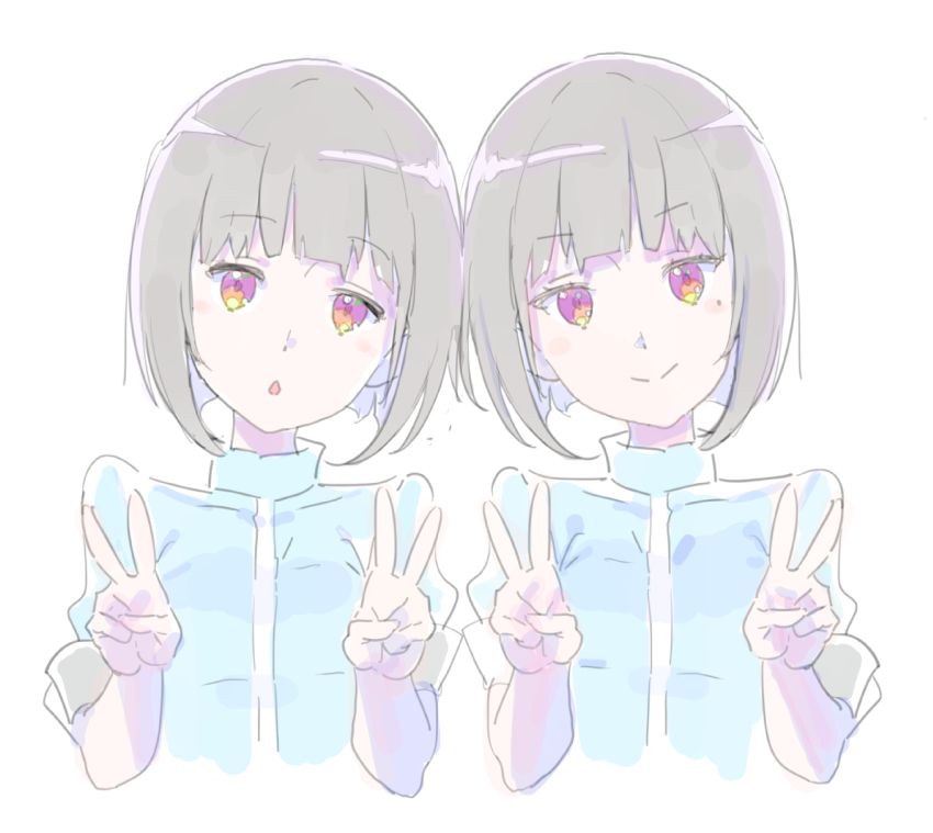 10s, 2girls, black_hair, double_v, enkyo_yuuichirou, female_focus, hibike!_euphonium, highres, looking_at_viewer, mole, mole_under_eye, multiple_girls, pale_color, purple_eyes, rikka_koukou_marching_band_e_youkoso, saijou_kanon, saijou_mion, short_hair, siblings, simple_background, sisters, sketch, smile, twins, upper_body, v, white_background