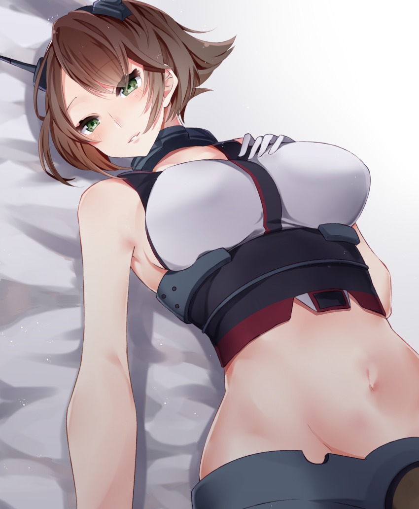 10s, 1girl, bad_id, bad_pixiv_id, blush, breasts, brown_hair, female_focus, gloves, green_eyes, headgear, highres, kantai_collection, large_breasts, looking_at_viewer, lying, midriff, mutsu_(kancolle), navel, on_back, parted_lips, short_hair, smile, solo, soroco, white_gloves