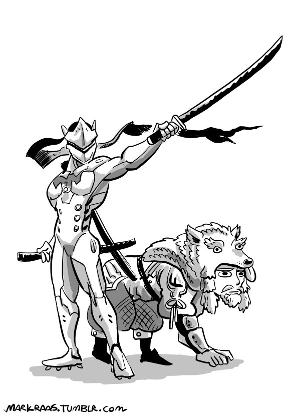 2boys, animal_costume, beard, brothers, commentary, cyborg, facial_hair, full_body