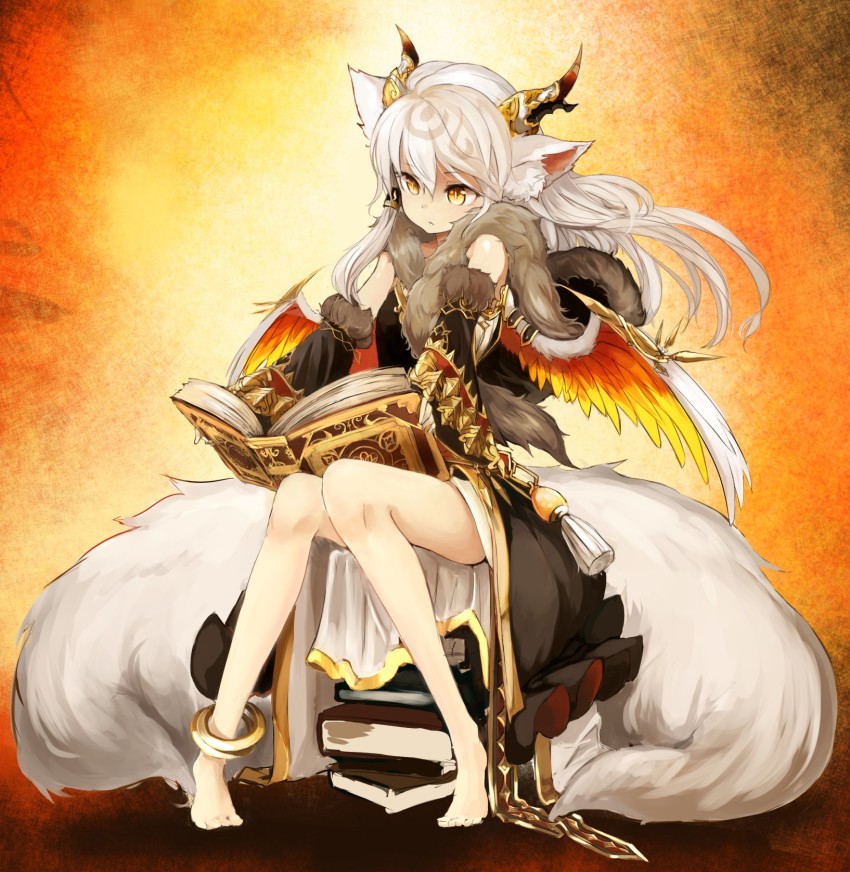 1girl, animal_ears, anklet, bangle, barefoot, black_dress, book, book_stack, bracelet, detached_sleeves, dress, expressionless, feathered_wings, female_focus, full_body, fur_trim, hair_between_eyes, highres, horns, illumina_(p&amp;d), ilmina_(p&amp;d), jewelry, long_hair, lumo_1121, open_book, puzzle_&amp;_dragons, reading, sitting, solo, tail, white_hair, wide_sleeves, wings, yellow_eyes