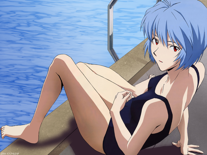1girl, ayanami_rei, barefoot, black_one-piece_swimsuit, blue_hair, breasts, derivative_work, detexted, female_focus, highres, looking_back, neon_genesis_evangelion, non-web_source, one-piece_swimsuit, pool, pool_ladder, poolside, red_eyes, sasaki_atsuko, school_swimsuit, short_hair, sitting, small_breasts, solo, swimsuit, third-party_edit