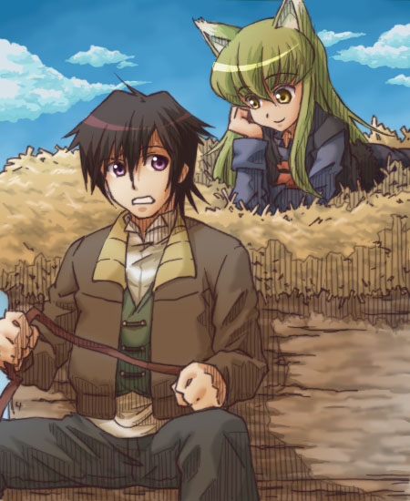 1boy, 1girl, animal_ears, blouse, c.c., code_geass, collared_shirt, craft_lawrence, day, fukuyama_jun, green_hair, hair_between_eyes, hay, holo, lelouch_vi_britannia, long_hair, parody, shirt, sitting, spice_and_wolf, thor_(pixiv240171), voice_actor_connection, white_shirt, wolf_ears, yellow_eyes