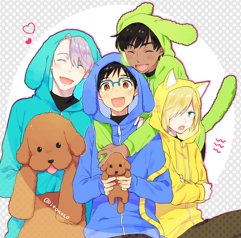 10s, 4boys, :d, ^_^, animal_hood, black_hair, blonde_hair, blue-framed_eyewear, blush, brown_eyes, cat_hood, dark_skin, dark-skinned_male, dog, dog_hood, closed_eyes, fang, glasses, green_eyes, hair_over_one_eye, heart, hood, hoodie, itonoko, katsuki_yuuri, makkachin, male_focus, multiple_boys, open_mouth, phichit_chulanon, phichit_chulanont, silver_hair, smile, twitter_username, viktor_nikiforov, yuri!!!_on_ice, yuri_plisetsky