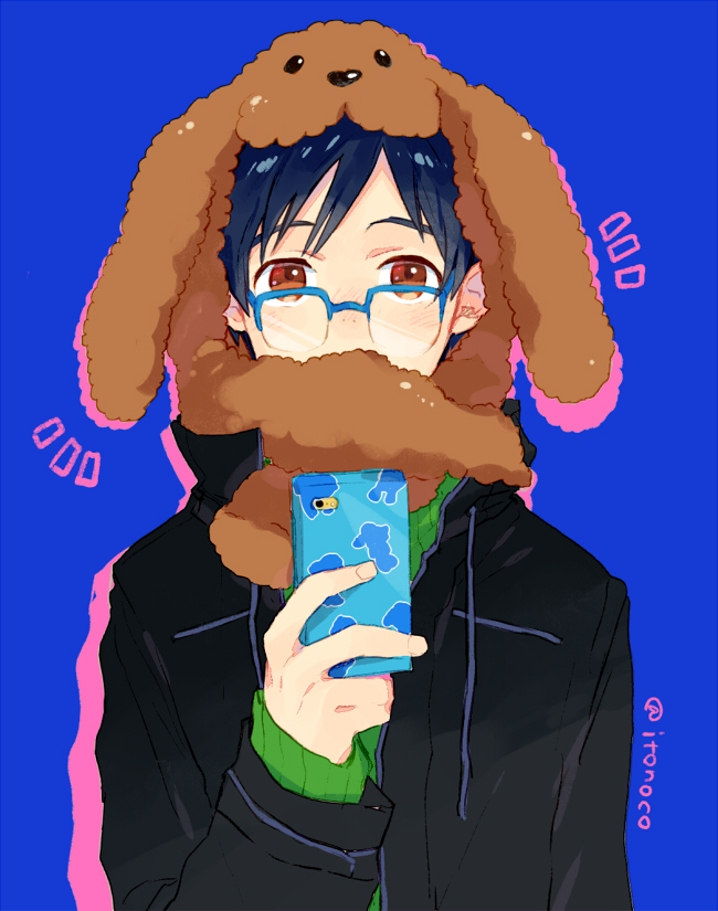 10s, 1boy, animal_hat, black_hair, blue-framed_eyewear, brown_eyes, cellphone, dog_hat