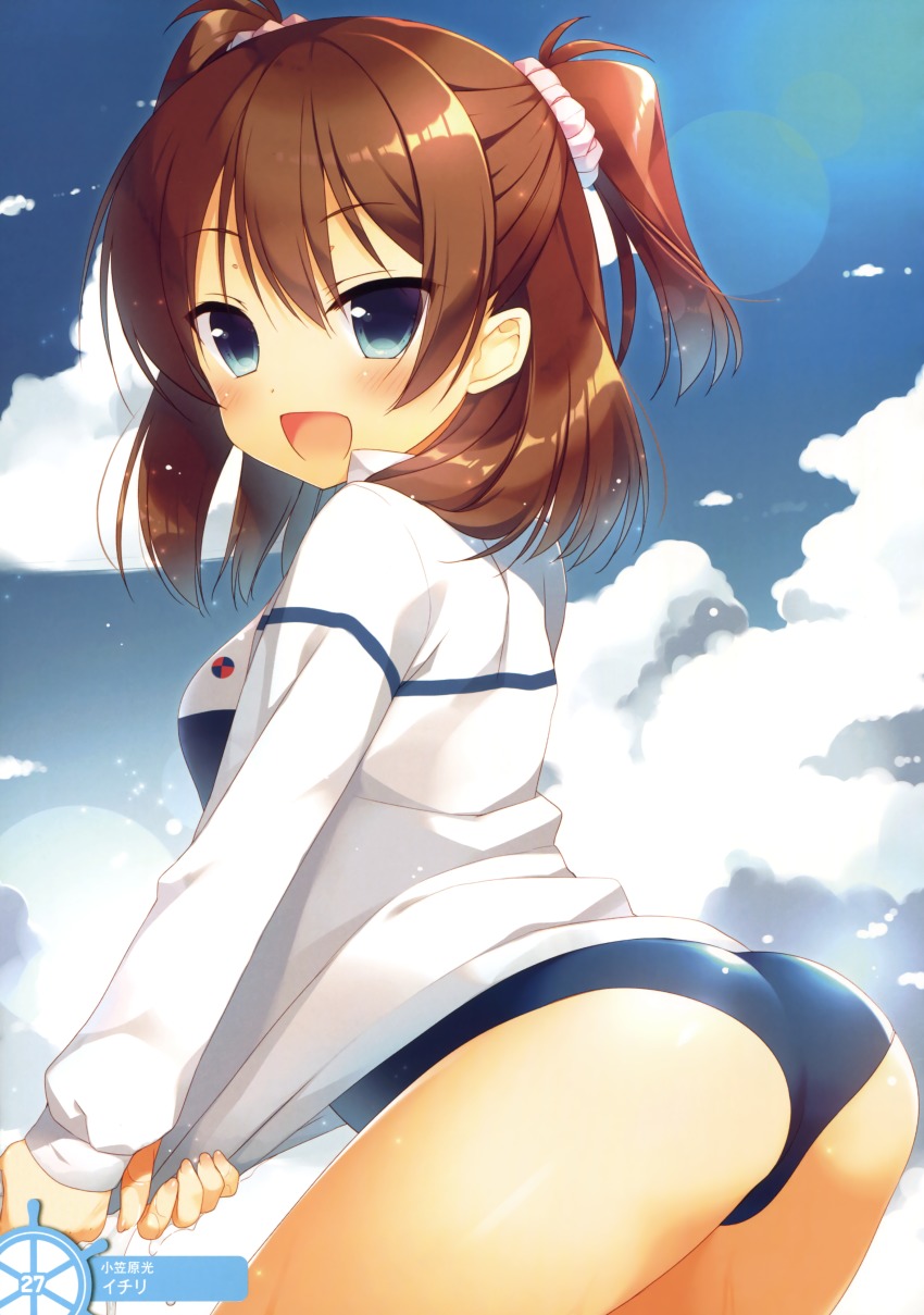 10s, 1girl, absurdres, ass, blue_eyes, brown_hair, cloud, cloudy_sky