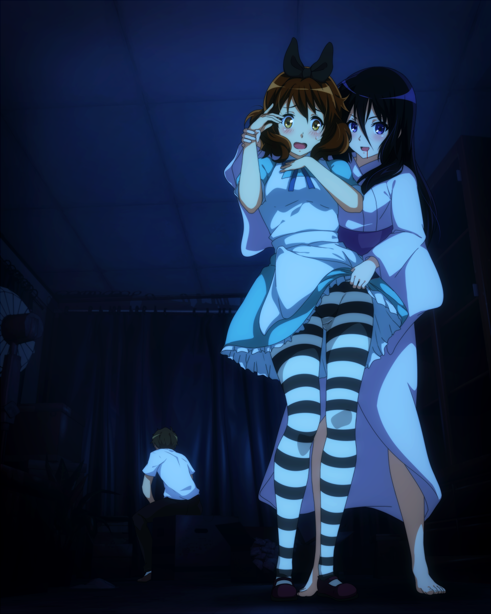 1boy, 2girls, alice_(alice_in_wonderland), alice_(alice_in_wonderland)_(cosplay), alice's_adventures_in_wonderland, barefoot, black_hair, blood, blood_from_mouth, blush, brown_hair, clothes_lift, cosplay, hair_ribbon, hibike!_euphonium, highres, japanese_clothes, kimono, kousaka_reina, looking_at_viewer, multiple_girls, obi, open_mouth, oumae_kumiko, pantyhose, purple_eyes, ribbon, sash, sbel02, school_uniform, skirt, skirt_lift, striped_clothes, striped_legwear, striped_pantyhose, sweatdrop, tsukamoto_shuuichi, yellow_eyes, yuri
