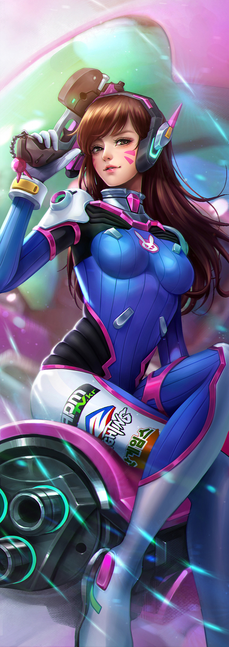 1girl, animal_print, bodysuit, breasts, brown_hair, charm_(object), classic_d.va, clothes_writing, crossed_legs, d.va_(overwatch), facepaint, facial_mark, female_focus, gun, handgun, headphones, highres, holding, holding_gun, holding_weapon, juvia_ho, light_smile, lips, logo, long_hair, looking_at_viewer, mecha, mecha_pilot_suit, medium_breasts, meka_(overwatch), nose, overwatch, overwatch_1, parted_lips, pistol, rabbit_print, ribbed_bodysuit, robot, sitting, sitting_on_object, skin_tight, solo, swept_bangs, trigger_discipline, weapon, whisker_markings