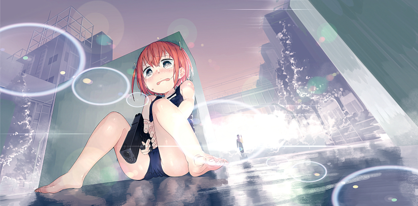 1boy, 1girl, barefoot, blue_eyes, blush, commentary_request, denki-gai_no_hon'ya-san, feet