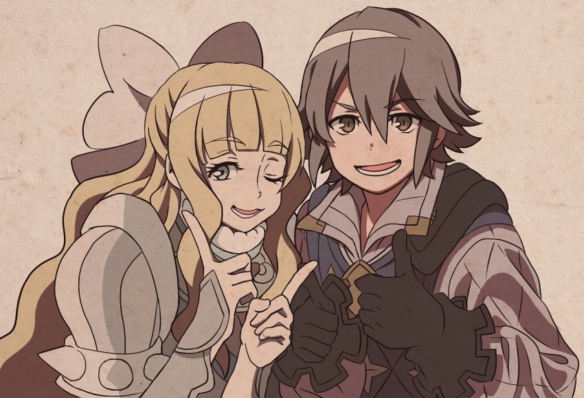 1boy, 1girl, ;), ;3, armor, blonde_hair, blunt_bangs, bow