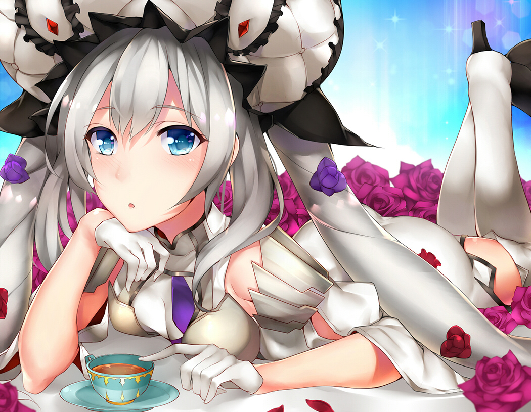 1girl, :o, bare_shoulders, blue_eyes, cup, fate/grand_order, fate_(series), female_focus