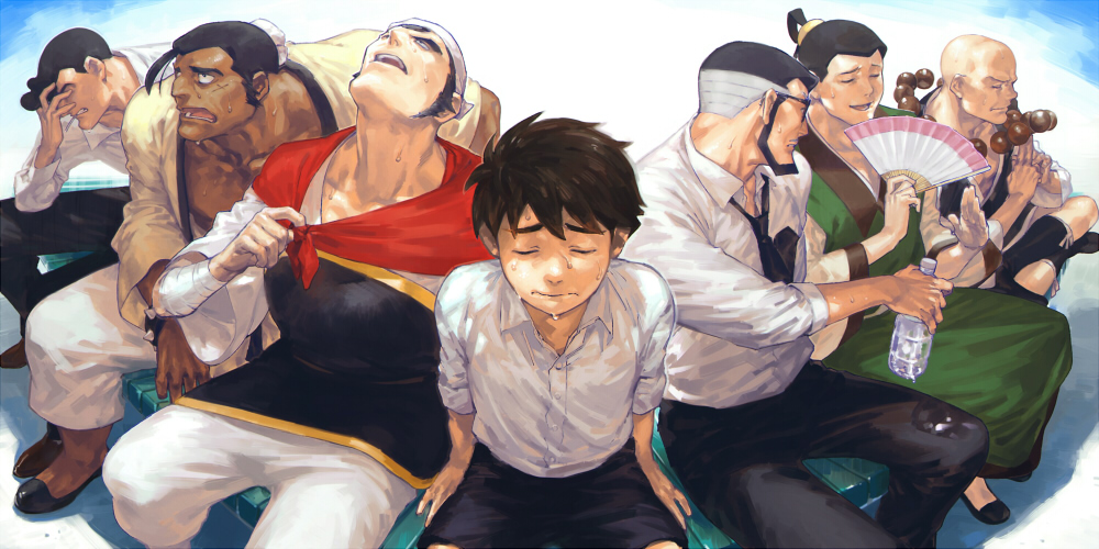 6+boys, bald, bandana, beard, black_hair, bottle, chinese_clothes, chuujo_the_silent