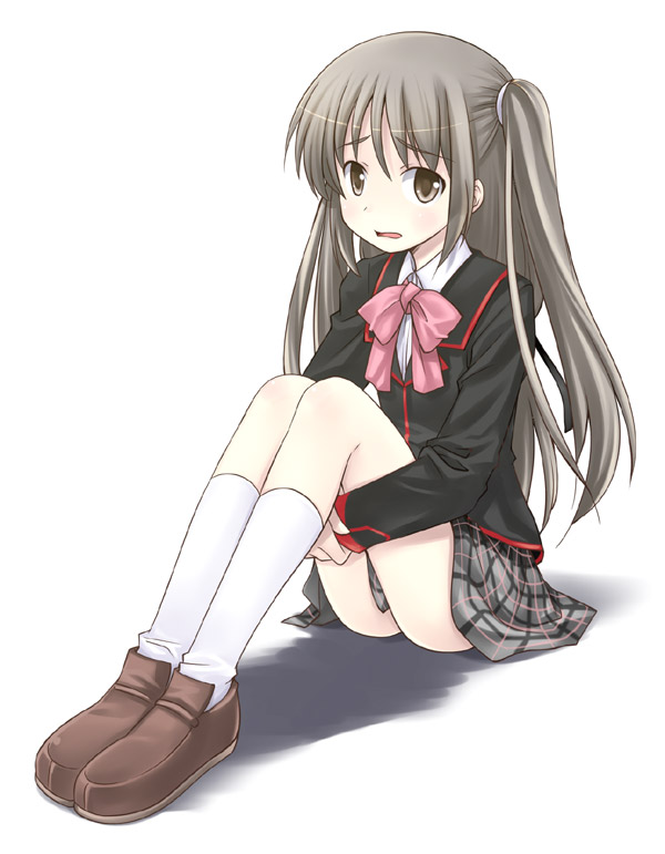1boy, bow, brown_eyes, brown_hair, crossdressing, crossdressing_(mtf), full_body, kneehighs