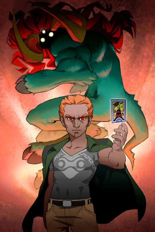 1boy, arm_up, card, dual_persona, ganon, ganondorf, green_jacket, guilhermerm