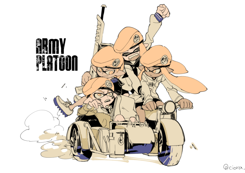 >_<, 2boys, 2girls, army-kun_(splatoon), beret, closed_eyes, dark-skinned_male, dark_skin