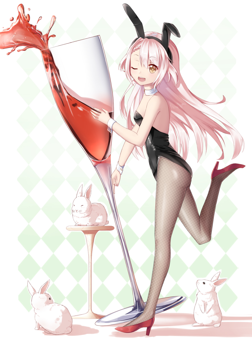 1girl, ;d, alcohol, animal, animal_ears, black_leotard, blonde_hair, rabbit