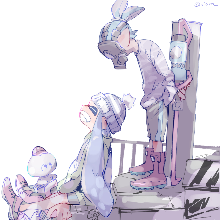 1boy, 1girl, bike_shorts, blue_hair, bobble-chan_(splatoon), pom_pom_beanie, boots, carbon_roller_(splatoon), closed_eyes, gas_mask, gasmask-kun_(splatoon), inkling, inkling_boy, inkling_girl, inkling_player_character, jellyfish, jellyfish_(splatoon), knit_cap-chan_(splatoon), looking_at_another, looking_up, mask, mask-kun_(splatoon), nintendo, pointy_ears, serizawa_nae, shoes, short_hair, shorts, sidelocks, simple_background, sitting, smile, sneakers, splatoon_(manga), splatoon_(series), splatoon_1, stairs, sweater, tentacle_hair, topknot, white_background