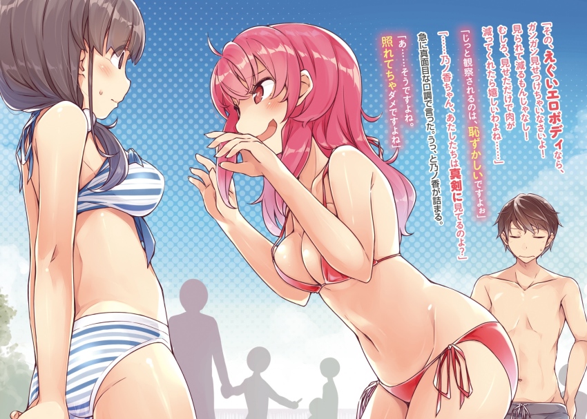 14-sai_to_illustrator, 1boy, 2girls, alternate_hairstyle, ass, bikini, black_eyes, black_hair, blush, breasts, cleavage, cowboy_shot, day, eyes_visible_through_hair, from_side, hair_over_shoulder, highres, kamihara_minami, kyoubashi_yuuto, leaning_forward, long_hair, low_ponytail, medium_breasts, mizoguchi_keiji, multiple_girls, navel, nogi_nonoka, novel_illustration, official_art, outdoors, outstretched_hand, pink_bikini, pink_eyes, pink_hair, ponytail, profile, scan, side-tie_bikini_bottom, strap_gap, striped_bikini, striped_clothes, sweatdrop, swimsuit