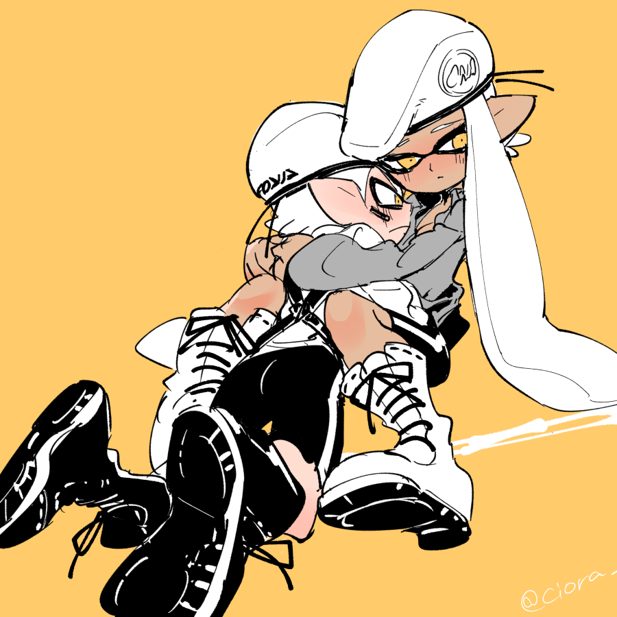 1boy, 1girl, army-kun_(splatoon), bike_shorts, blush, boots, dark_skin, facepaint