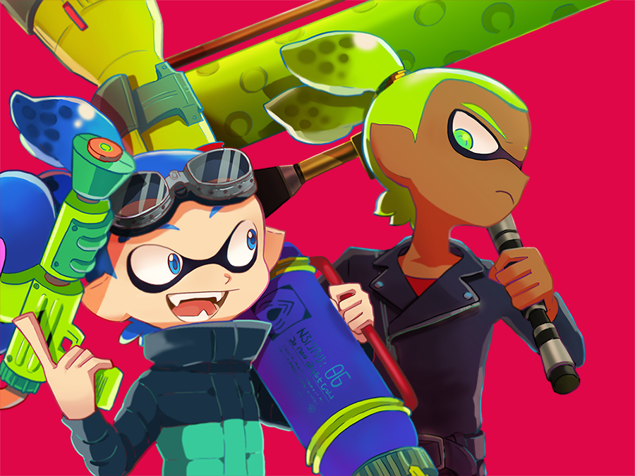 2boys, bad_id, bad_tumblr_id, blue_eyes, blue_hair, dark-skinned_male, dark_skin, dynamo_roller_(splatoon), fangs, goggle-kun_(splatoon), goggles, goggles_on_head, green_eyes, green_hair, inkling, inkling_boy, inkling_player_character, inkzooka_(splatoon), jacket, katou_(osoraku), leather, leather_jacket, looking_down, male_focus, multiple_boys, nintendo, over_shoulder, pink_background, pointy_ears, rider-kun_(splatoon), simple_background, smile, splatoon_(manga), splatoon_(series), splatoon_1, splattershot_(splatoon), tentacle_hair, topknot, upper_body, weapon, weapon_over_shoulder