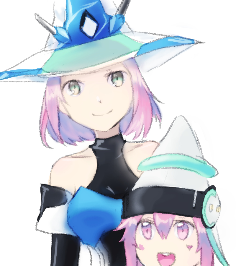 2girls, blush_stickers, duel_monster, green_eyes, hat, looking_at_viewer, multiple_girls, open_mouth, pink_eyes, pink_hair, simple_background, smile, tuning_magician, white_background, white_headwear, white_wing_magician, witch_hat, yu-gi-oh!, yuu-gi-ou, yu-gi-oh!_duel_monsters