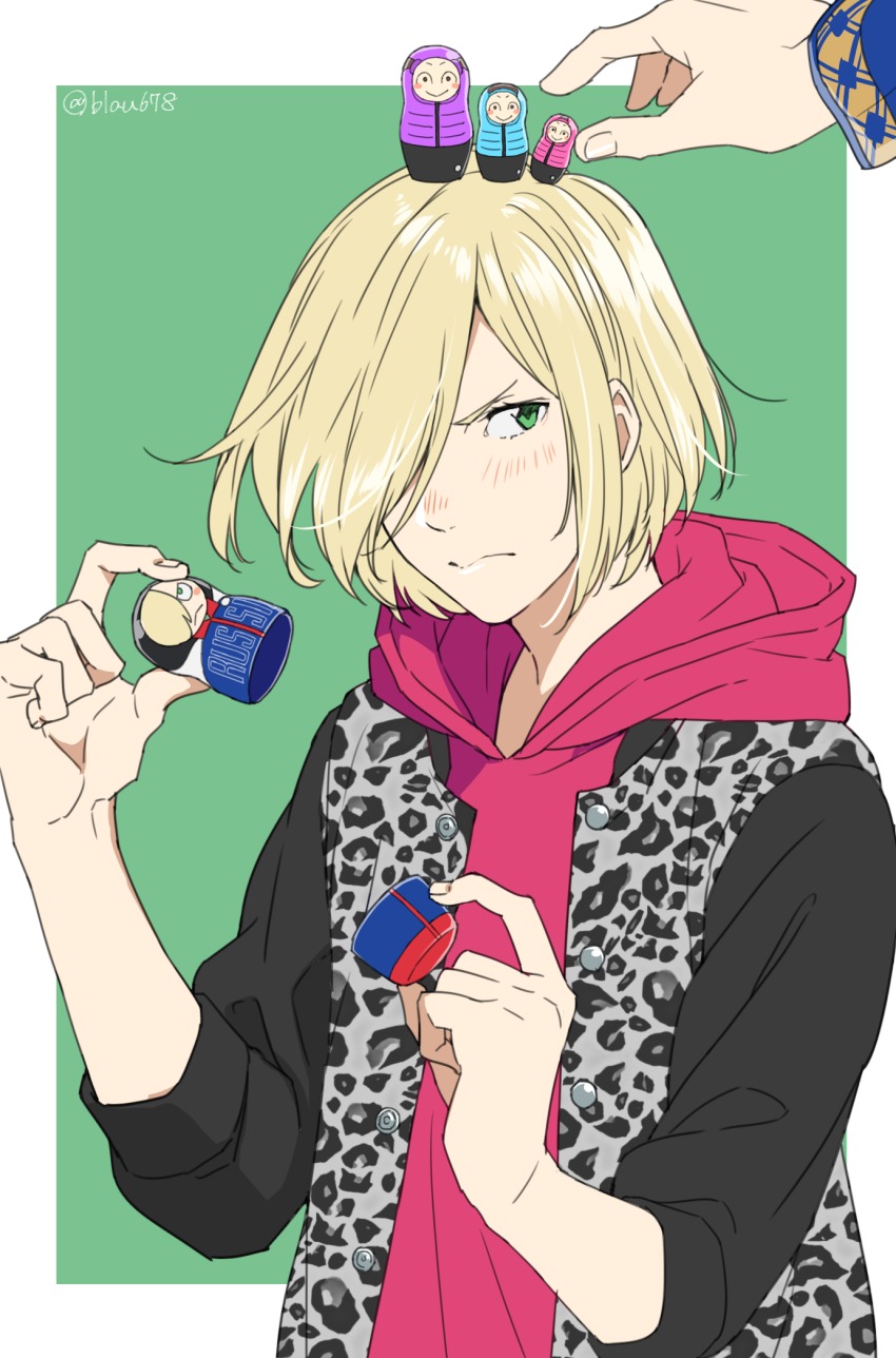 10s, 2boys, 92_(artist), animal_print, blonde_hair, blush, character_doll, doll, green_eyes, hair_over_one_eye, highres, hood, hoodie, leopard_print, male_focus, matryoshka_doll, multiple_boys, nishigoori_axel, nishigoori_loop, nishigoori_lutz, out_of_frame, viktor_nikiforov, yuri!!!_on_ice, yuri_plisetsky