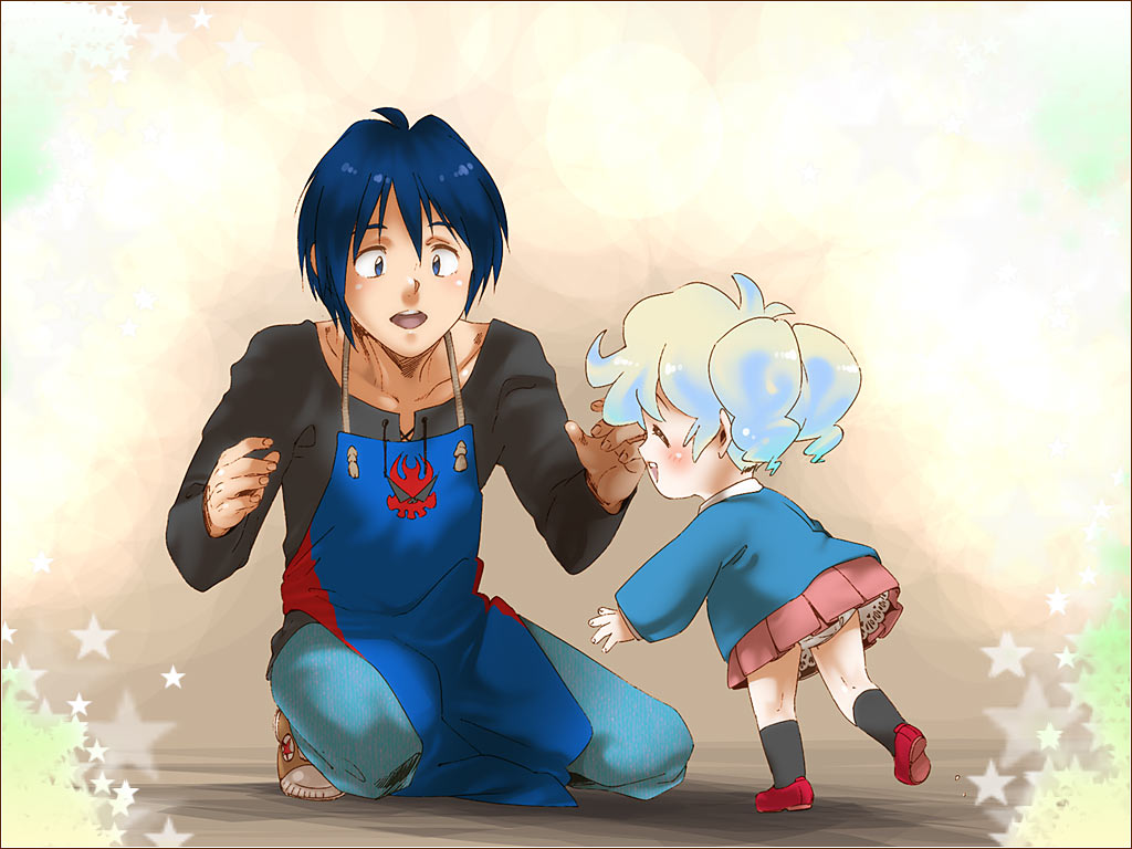 00s, 1boy, 1girl, aged_down, apron, bad_id, bad_pixiv_id, blue_hair
