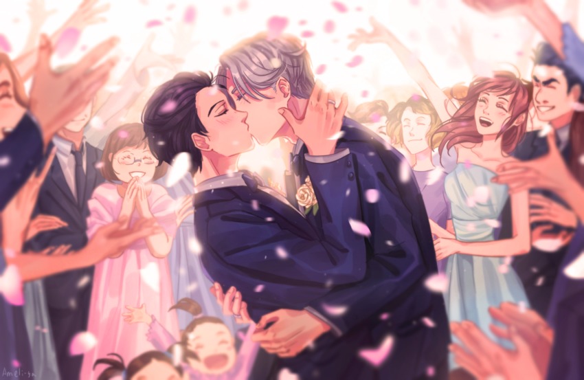 10s, 2boys, ameli-ya, bad_id, bad_pixiv_id, black_hair, blonde_hair, blue_dress, blush, boutonniere, cherry_blossoms, child, closed_eyes, dress, formal_clothes, glasses, groom, hands_up, highres, hug, katsuki_hiroko, katsuki_toshiya, katsuki_yuuri, kiss, male_focus, multiple_boys, nishigoori_axel, nishigoori_loop, nishigoori_takeshi, nishigoori_yuuko, petals, ponytail, smile, suit, viktor_nikiforov, wedding, yaoi, yuri!!!_on_ice