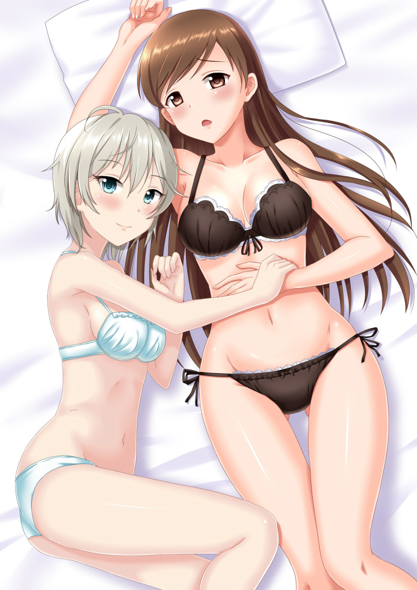 10s, 2girls, anastasia_(idolmaster), blue_eyes, blush, breasts, brown_eyes, brown_hair