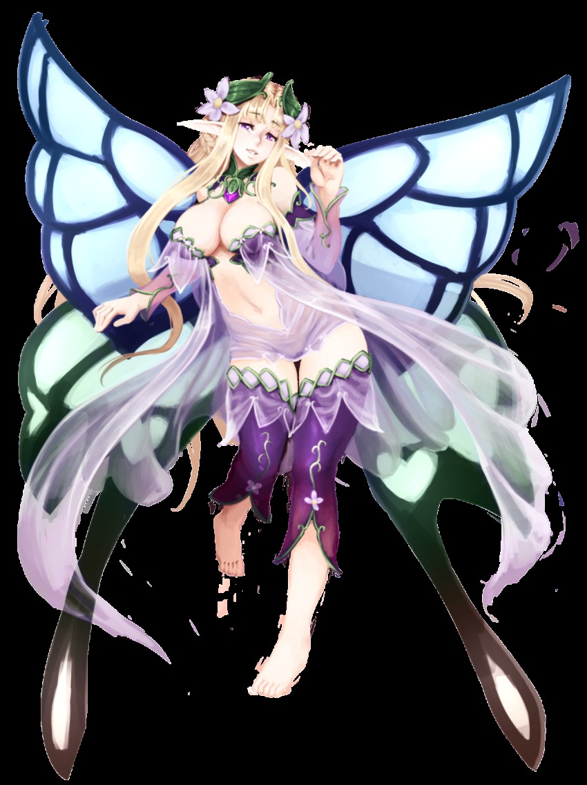 1girl, barbariank, bare_shoulders, barefoot, blonde_hair, blunt_bangs, braid, breasts