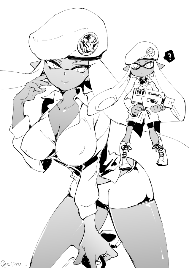 1girl, ?, aged_up, beret, bike_shorts, blunt_bangs, boots, breasts, cleavage, closed_mouth, coat, combat_boots, cross-laced_footwear, dark-skinned_female, dark_skin, dress_shirt, emblem, female_focus, fish, forge-chan_(splatoon), greyscale, hat, holding, holding_weapon, inkling, inkling_girl, inkling_player_character, large_breasts, light_smile, long_hair, looking_at_viewer, monochrome, multiple_views, nintendo, rapid_blaster_(splatoon), serizawa_nae, shirt, short_shorts, shorts, sketch, splatoon_(manga), splatoon_(series), splatoon_1, spoken_question_mark, standing, time_paradox, weapon, white_background