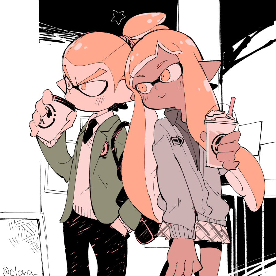 1boy, 1girl, army-kun_(splatoon), bag, black_pants, blazer, blunt_bangs, blush